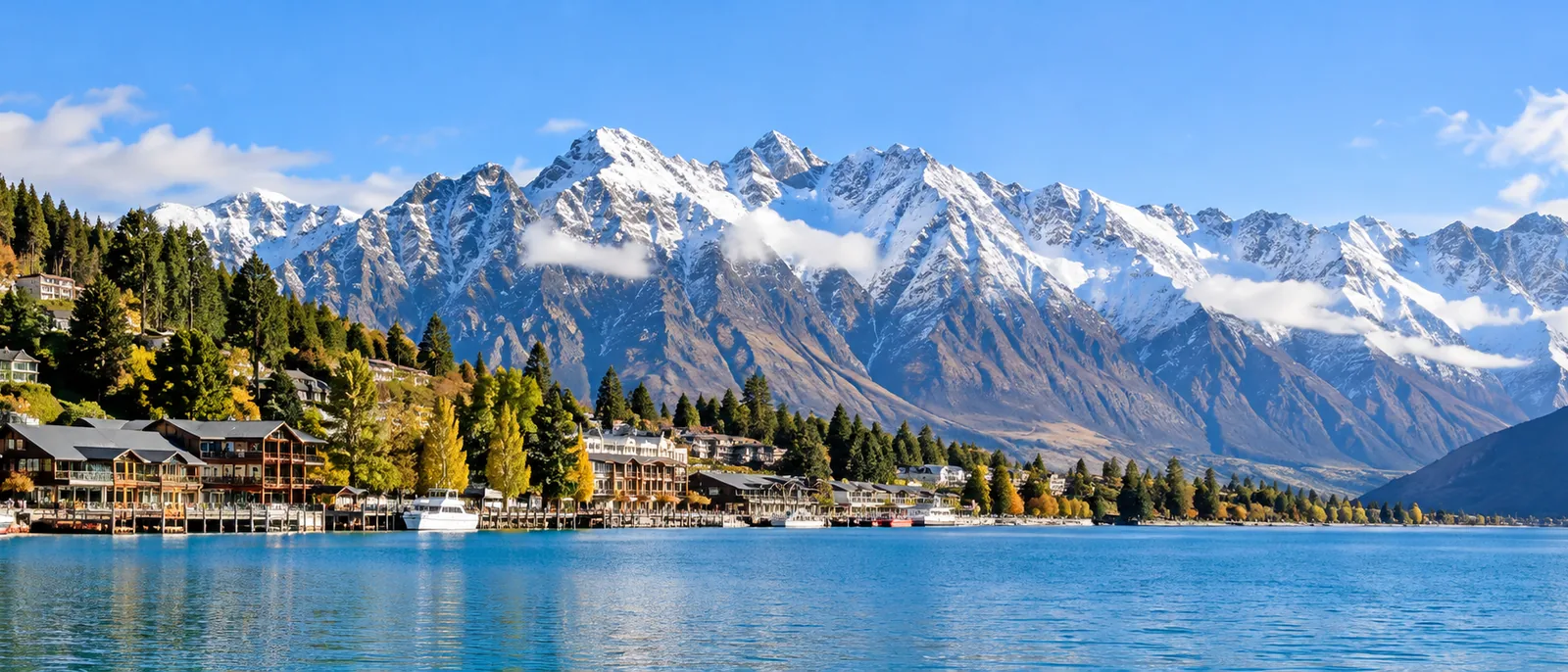 Queenstown on the shore of Lake Wakatipu below The Remarkables mountain range