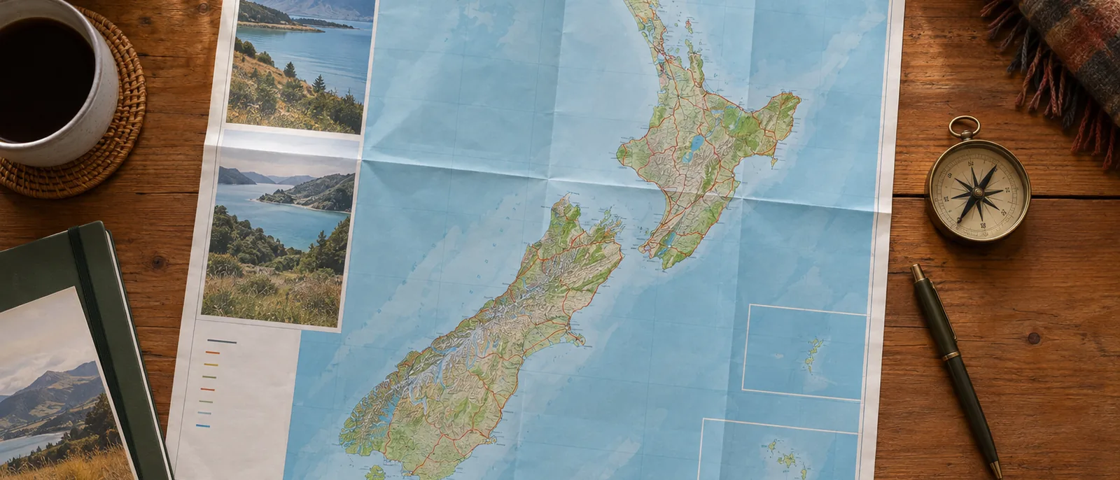 A New Zealand road map spread on a wooden table beside a compass and a pen