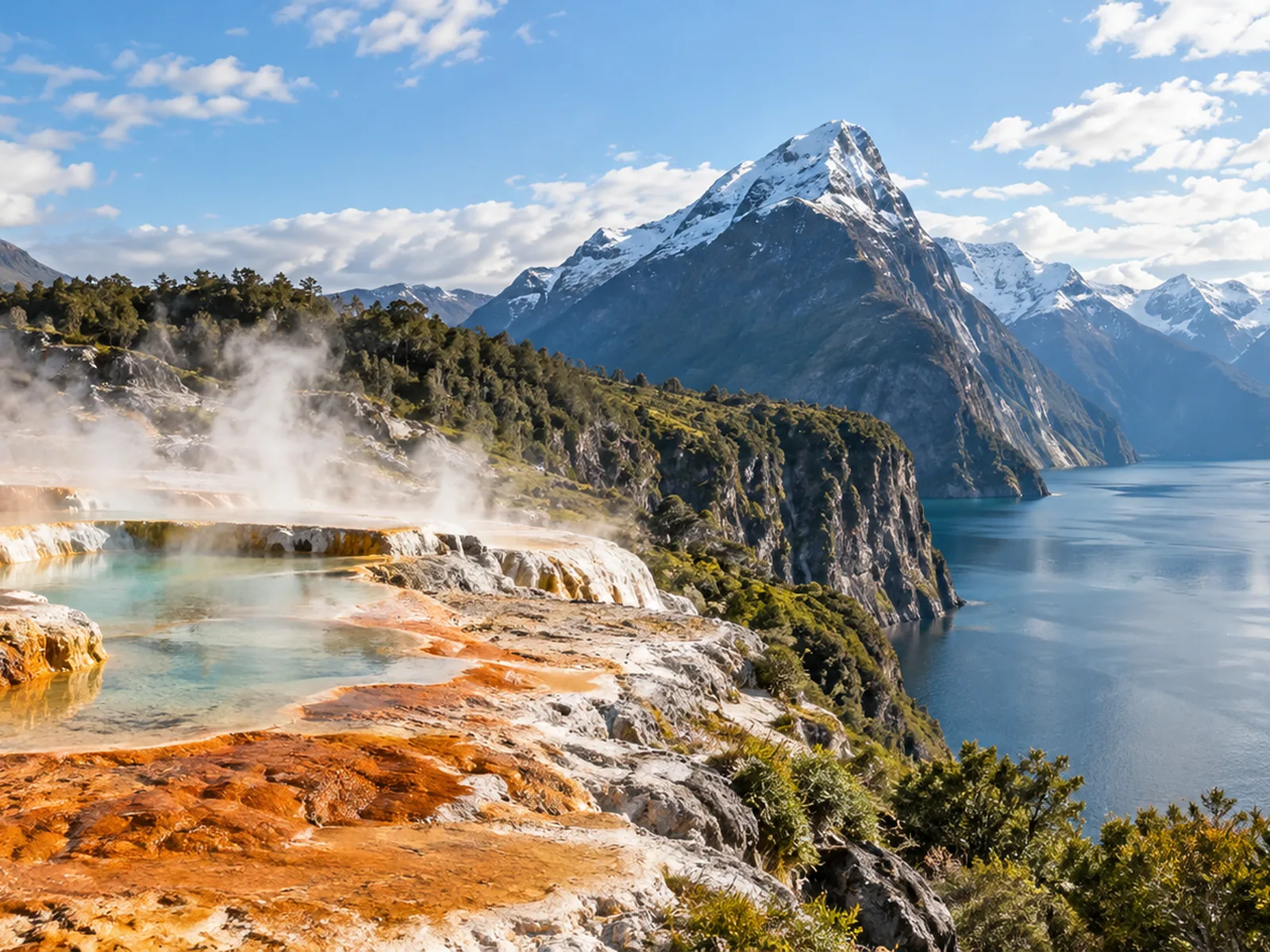 A split composition showing a steaming geothermal terrace on one side and a snow-capped fjord on the other