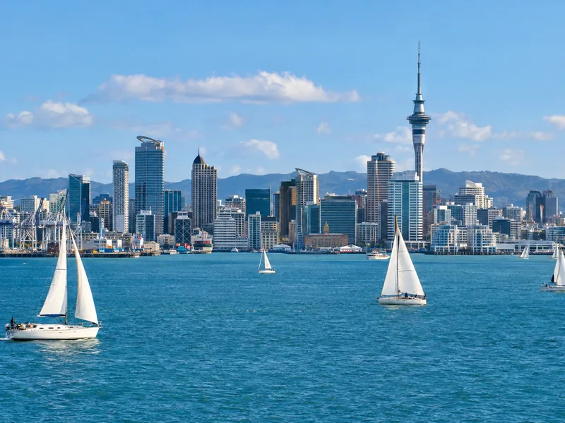 Auckland's skyline with the Sky Tower rising above the harbour