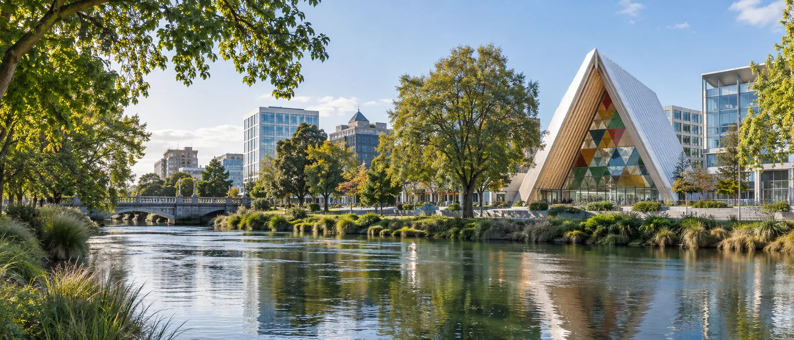 Christchurch's rebuilt central city with the Cardboard Cathedral
