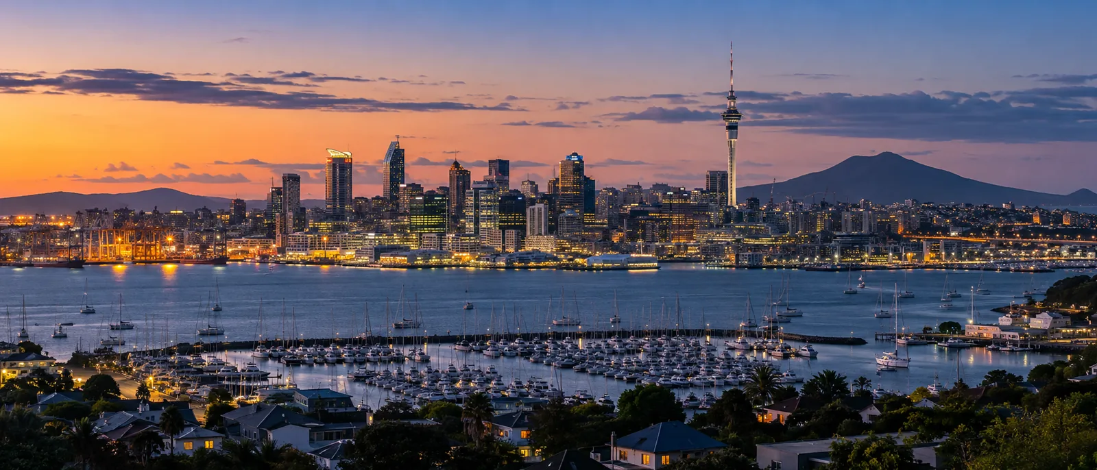 Auckland's skyline with the Sky Tower above the harbour at dusk