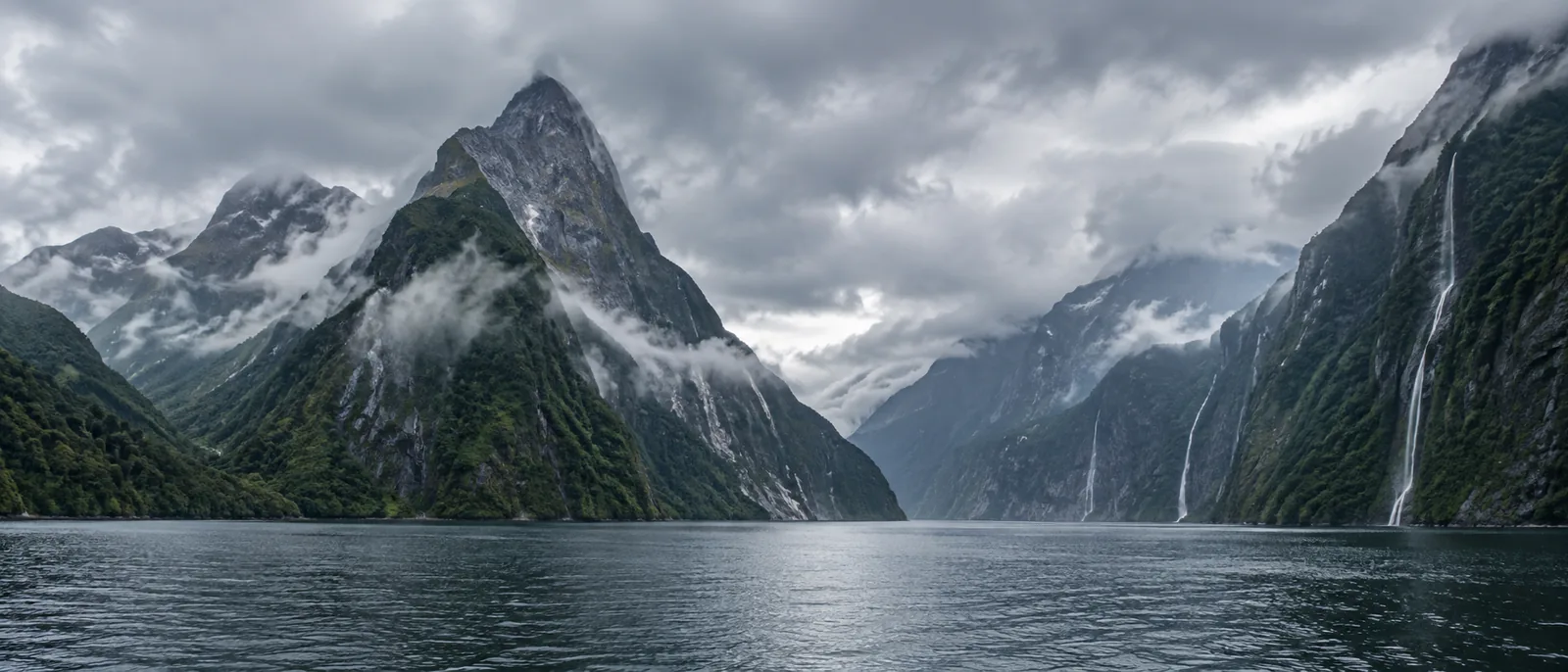 Mitre Peak rising above the still water of Milford Sound